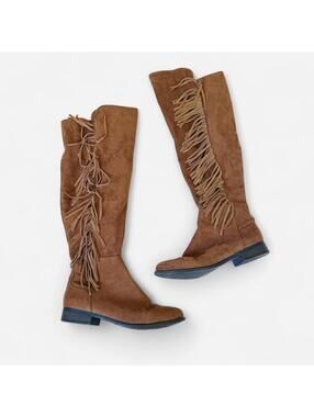 Vintage Boho Tan Suede Fringe Knee High Boots Size 8